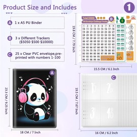 100 Envelopes Money Saving Challenge Binder, A5 Budget Binder with 25 pcs Cash Envelopes, 3 pcs Reusable Laminated Trackers Saving, Money Organizer，Cute Panda