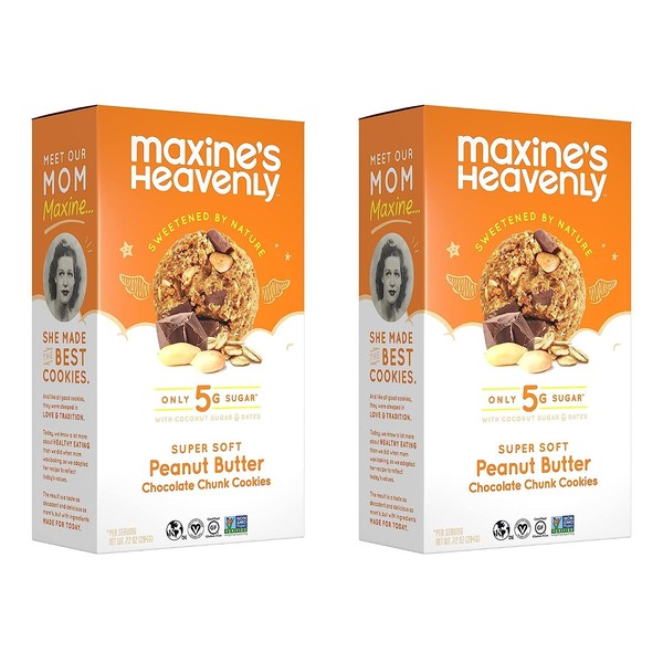 Maxine's Heavenly Peanut Butter Chocolate Chip Cookies | Healthy Vegan Oatmeal Cookies Sweetened with Coconut Sugar & Dates | Plant Based, Gluten Free & Non GMO | 7.2 Ounces Each (2 pack)