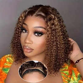 RUI MEI SI Glueless Wigs Human Hair Pre Plucked Pre Cut 4/27 Highlight Ombre Honey Blonde Curly Bob Wig Human Hair for Beginners 4x4 Deep Wave Lace Closure Glueless Wigs for Black Women 14 Inch