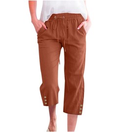 Womens Capris Pants High Waist Drawstring Comfy Casual Pants Casua Lightweight Loose Trousers Buttons Trim with Pockets Brown Small