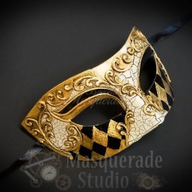 BeyondMasquerade Mens Harlequin Print Half Face Eye Mask Venetian Masquerade Mask [Gold]