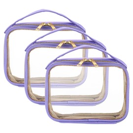 HARFINGTON 3pcs Clear Toiletry Bag PVC Large Waterproof Transparent Makeup Bag with Handle & Zipper for Travel Carry on Airport Airline Christmas Gifts, Purple