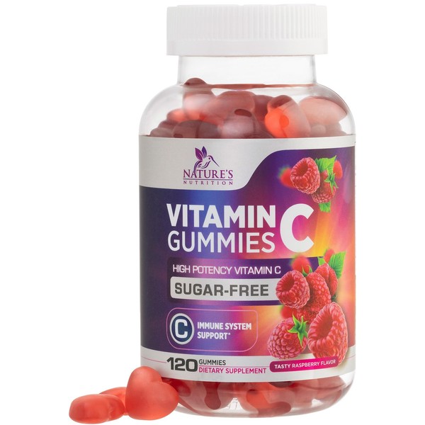 Sugar Free Vitamin C Gummies - Immune Support & Antioxidant Vitamin Dietary Supplement - Vegan, Non-GMO, Dairy & Gluten Free C Gummy Vitamins - Raspberry Flavor for Kids & Adults - 120 Count Gummies