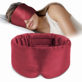 Silk Sleep Mask Soft Pressureless: 100% Mulberry Silk for Eye Skin Anti Wrinkles, Large Size for Total Blackout, Adjustable Wide Velcro Ear Cover, Burgundy