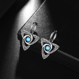 Celtic Knot Triangle Vintage Dangle Drop Earrings, Moonstone Good Luck Irish Trinity Stainless Steel Hoop Earrings (white)