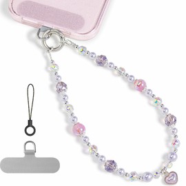 Phone Charm, Pearl Crystal Beaded Wrist Strap for Women, Hands-free, Drop-proof and Anti-theft, Detachable, with Tether Tab & Lanyard Strap, Heart Pastel
