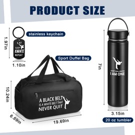 Layhit 3 Pcs Karate Gifts for Boys Include Large Martial Arts Duffel Bag 24 oz Stainless Steel Sport Water Bottle Funny Karate Keychain Taekwondo Gifts for Boys Active Athletes Gym Taekwondo (Black)