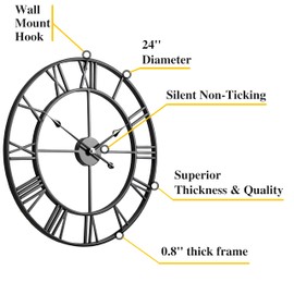 CLXEAST Silent 24 Inch Wall Clocks for Living Room Decor, Large Black Metal Roman Numeral Wall Clocks for Modern Farmhouse Home Decor,House Warming Gifts New Home