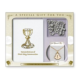 FHC First Holy Communion Gift Set Mass Book, Rosary Beads, Pearl Medal and Chain C5219