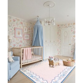 Seavish Pink Floral Rugs for Bedroom Girls, 5x7 Area Rugs for Living Room, Soft Washable Scalloped Nursery Rug, Boho Farmhouse Non-Slip Low Pile Carpet Rug for Kids Playroom Dining Room Office