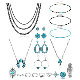 Fansilver Western Jewelry for Women Bohemian Turquoise Jewelry Set Navajo Pearl Necklace Beaded Choker Necklace Turquoise Earrings Bracelet Western Knuckle Rings TurquoiseJewelry for Women