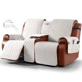 Ruaozz Waterproof Loveseat Recliner Cover with Console Non-Slip Reclining Couch Covers Split Sofa Slipcovers with Elastic Straps Furniture Protector for Kids, Dogs, Pets (Beige,2 Seater)