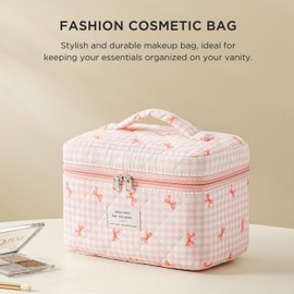 HBselect Quilted Makeup Bag, Cotton Large Travel Makeup Bag, Cute Floral Coquette Cosmetic Bags Toiletry Bags for Women Girls (Pink Bow-M)