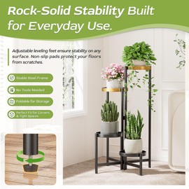 NQW 4 Tiered Metal Black Gold Tiered Plant Stands Indoor with 7.9 Inch Wide Tray Corner Folding Plant Stand Tall for Patio Porch Balcony