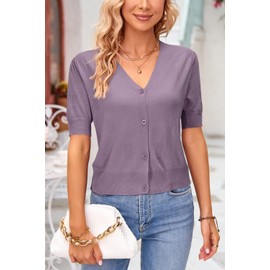 Arach&Cloz Cardigans for Women UK Short Sleeve Bolero Summer Cropped Cardigan Shrugs Buttons Dress Coverup Knit Top (Grey Purple, L)
