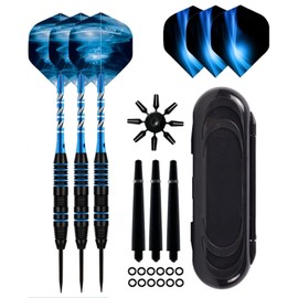 HRLORK 3 Packs Darts Set Professional Darts Set Steel Tip Aluminum Shafts Darts Stems and Flights with 3 Spare Shafts 12 Rubber O-Rings and Darts Case- Blue