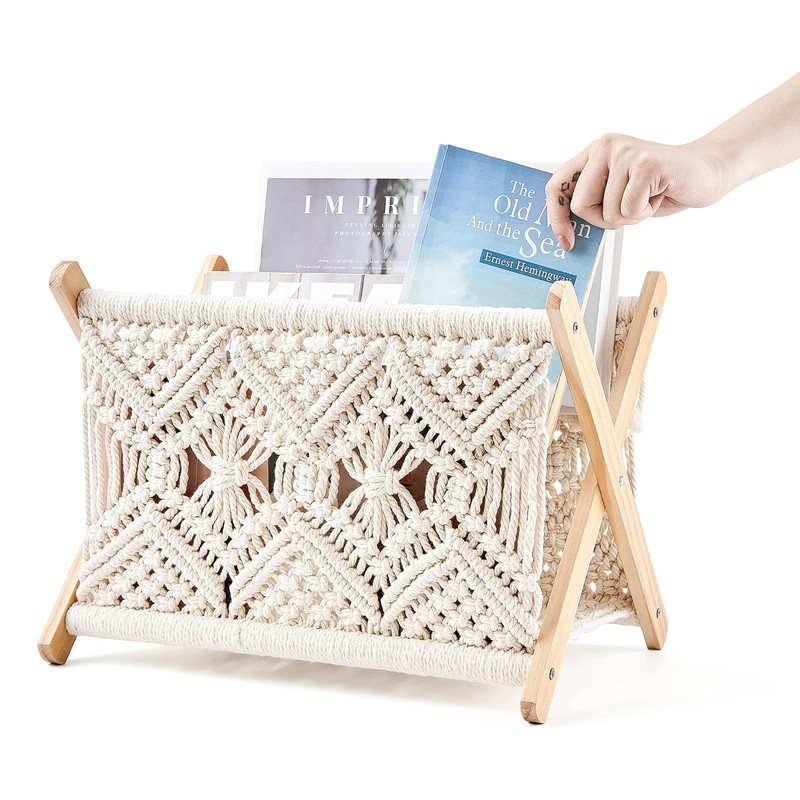 Mkono Macrame Magazine Rack Boho Storage Holder Standing Basket for