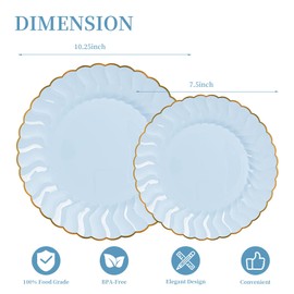 Lullaby 60PCS Light Blue Plastic Plates with Gold Rim, Includes 30PCS Dinner Plate 10'' and 30PCS Dessert Plate 7.5'', Baby Blue Plastic Plates for Parties, Birthdays and Wedding