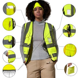 A-SAFETY LADY Hi Vis Safety Vest for Women - Pocket Mesh Work Vest with Reflective Strips & Front Zipper, Yellow XS