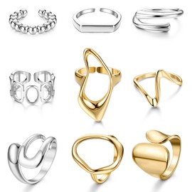 MILACOLATO 9 Pcs Gold Chunky Rings for Women 18K Gold Plated Ring Set Dome Thick Open Rings Adjustable Gold Silver