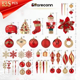 SHareconn 135pcs Christmas Balls Ornaments Set, Shatterproof Plastic Baubles, Ribbon and Tree Topper for Xmas Tree Holiday Wedding Party Decorations with Hanging Strings, Red and Gold