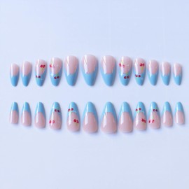 IMSOHOT French Tips Press on Nails Medium Almond Fake Nails Blue Stiletto Nail Tips Cherry Glossy False Nails Full Cover Acrylic Glue on Nails Artificial Stick on Nails for Women Girls Manicure