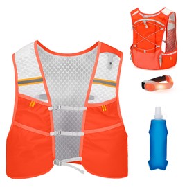 atnayo Running Vest with Water Bottles, Lightweight Running Backpack Mens Women, Glow in the Dark Running Hydration Vests Set with 250ml Soft Water Bag + Led Light-emitting Arm Band,Orange