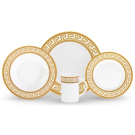 Porcelain Dinnerware Set for 1 - White with Gold 4 Piece Set Vintage Greek Key Design - Elegant Dinner Plates, Soup Plates and Mugs - Dining Kitchenware for Home, Formal Occasions and Everyday Dishes