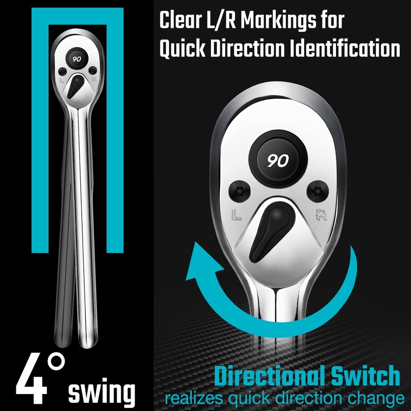 DURATECH 3/8-Inch Drive Ratchet, 90-Tooth Ratchet Wrench, Quick-release, Reversible Switch,
