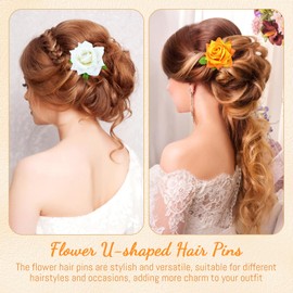 Lawie 10 Pack Colorful Wedding Bridal Red Rose Flower Hair Pins U-shaped Floral Hair Clips Formal Prom Party Decorative Bobby Pins Hair Accessories for Women Girls Brides Bridesmaids (Multi Colors)