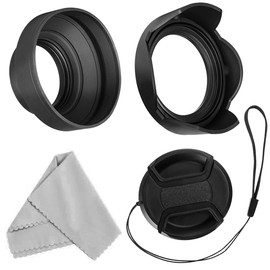 52 mm Lens Hood Set, Foldable Rubber Lens Hood with Filter Thread + Reversible Tulip Flowers Lens Hood + Medium Pinch Lens Cap + Microfibre Lens Cloth