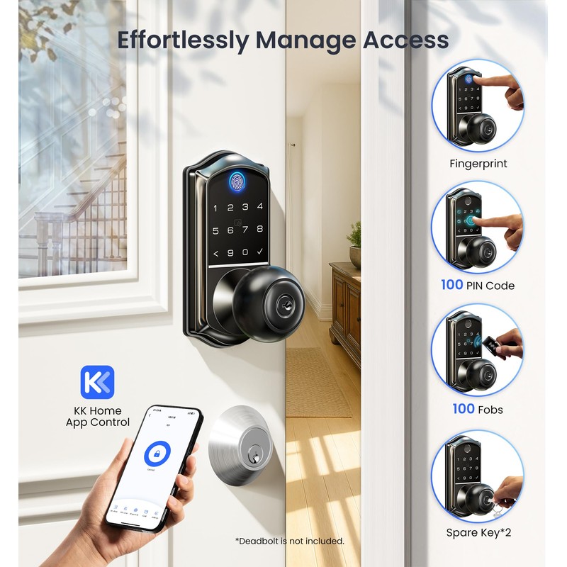 Veise VE018 Smart Knob Handle Lock - Fingerprint, App Control,