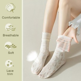 YOYOU Lace Ruffle Ankle Socks Women, Sheer Mesh Frilly Crew Sock, Thin Cute Dress Socks 3 Pairs