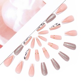 Handcess Coffin French False Nails Medium Nude Pink Press on Nails Glitter Fake Nails Stick on Nail for Women and Girls 24Pcs