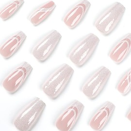 Pack of 24 White Glue-On Nails Long Coffin Glitter French Artificial Nails, Ballerina Artificial Nails, Press On Nails, Acrylic Fingernails Fake Nails Long for Women