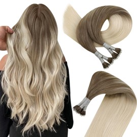 Easyouth Nano Ring Bead Hair Extensions with Nan-Ring Real Hair Colour Platinum Blonde and Light Brown 18 Inches 50 pieces 50 g Nano Ring Bead Hair Extensions