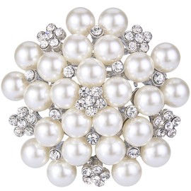 EVER FAITH Women's Crystal Cream Simulated Pearl Elegant Flower Cluster Brooch Pin Clear Silver-Tone