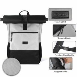 RJEU Laptop Backpack 17.3" Computer | Rolltop School Backpack | Rucksack for Women Men College Travel Business | with Anti-theft Pocket | Gray-26L