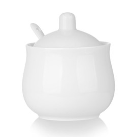 CHILDIKE Ceramic Sugar Bowl with Lid and Spoon, White Porcelain Sugar Salt Pepper Storage Jar, 12 Ounces (White 12 OZ)