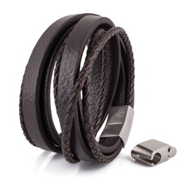 Akitsune Dark Matte Synthetic Leather Bracelet Magnetic Clasp Stainless Steel Braided Men's Bracelet with Beautiful Jewellery Box, Stainless Steel