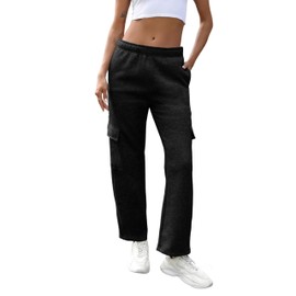 QIBABU Womens Fleece Cargo Sweatpants Casual Baggy Wide Leg Jogger Pants Athletic Open Bottom with Pockets(1777-Black-L-QB)