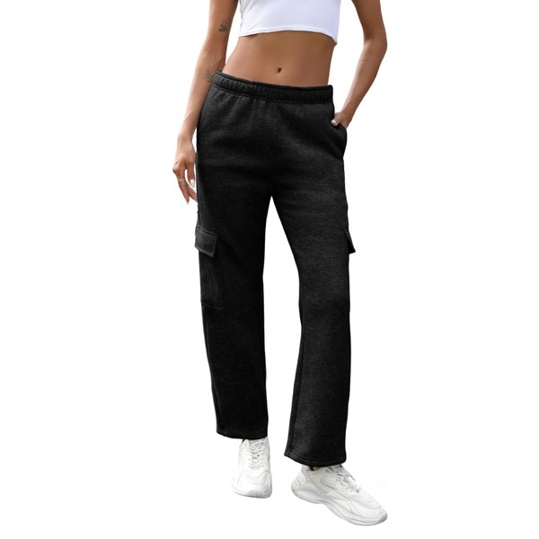 QIBABU Womens Fleece Cargo Sweatpants Casual Baggy Wide Leg Jogger