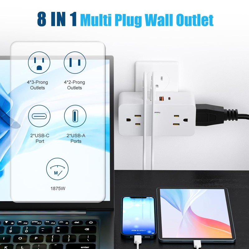 Surge Protector Outlet Extender with Rotating Plug, Multi Plug Outlet