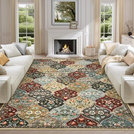ROYHOME 9x12 Area Rug Large Machine Washable Rug for Living Room Moroccan Trellis Accent Rug Stain Resistant Non-Slip Carpet Farmhouse Vintage Distressed Floral Floor Cover for Home Decor, Red/Brown