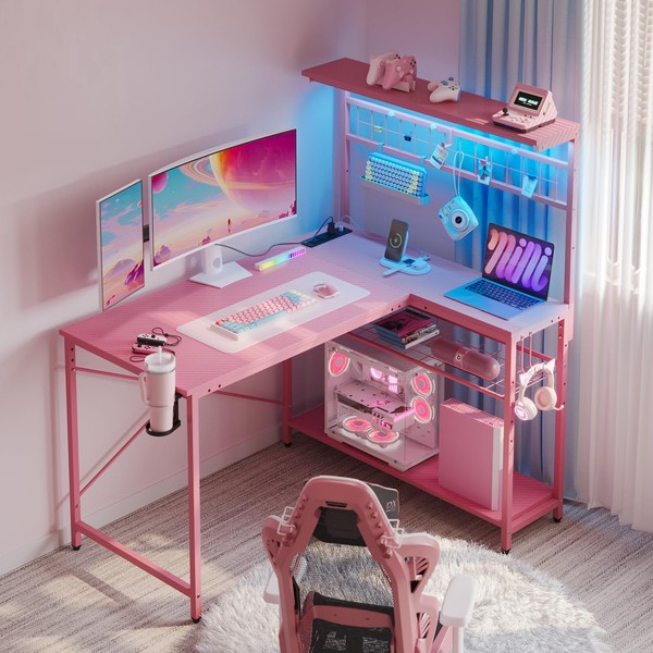 Bestier 42 L Gaming Desk,Computer Desk with Power Outlets, LED