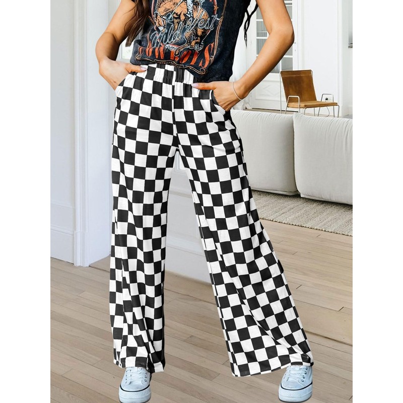 IYOWEL Womens Checkered Pants Y2K Pajama Pants Elastic Waist Wide