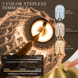 Gkeiten 2 Pack Touch Cordless Table Lamp Rechargeable, 3600mAh Battery Operated Small Crystal Lamp, 3 Color Dimmable Vintage Gold Table Light for Bedroom/Kitchen/Gift for Home Décor (Vintage)