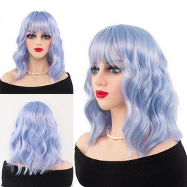 Light Blue Wigs with Bangs for Women 14 Inch Shoulder Length Blues Wigs Short Wavy Bob Wigs With Bangs Curly Wig Heat Resistant Synthetic Colorful Wavy Wigs Cosplay Wigs