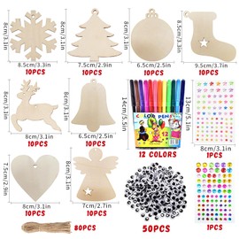Christmas Crafts, 80 Pieces Craft Set Christmas Children, Christmas Decoration Crafts, Wooden Pendants Christmas, Christmas Crafts, Wooden Children Crafts with Colouring Pencils, Plastic Eyes, Crystal