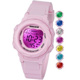 SOCICO Kids Digital Watches for Girls Boys, Waterproof 5ATM, 7 Color Lights Waterproof Watches for Kids with Alarm Stopwatch, Soft Band Wrist Watch Christmas Gifts for Kids Ages 5-12.